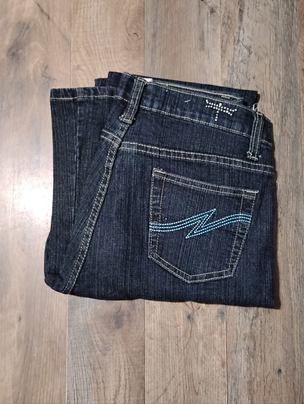 Nesso Vintage Dark Wash Wide Leg Jeans with Teal Floral Stitching Womens Size: 9